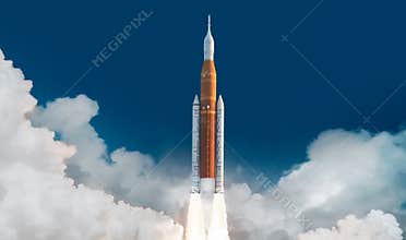 Spaceship launch from Earth in sky. Mission to Moon. Return to Moon. SLS space rocket. Orion spacecraft. Artemis space program to