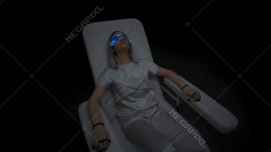 Involved woman starting vr headset dark room. Haptic gloves girl enjoying game