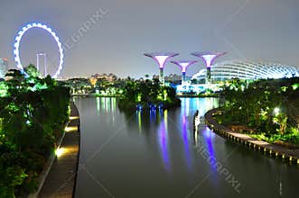 A lake at Garden by the Bay by night