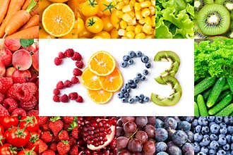 Fruits and vegetables. New year 2023 made of fruits and vegetables. Healthy food. Texture