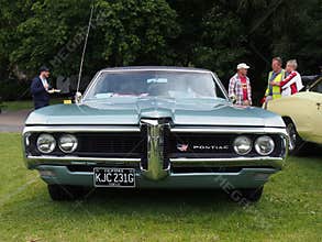 Front view of a blue 1968 pontiac catalina american car at hebden bridge vintage weekend