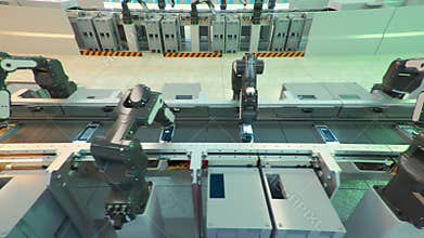 robot conveyor for the production of mobile phones at a high-tech factory. 3d rendering