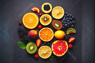 Colorful fruits vegetables and berries cut and sliced