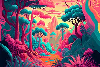 Fantasy colorful jungles created with generative Ai technologies