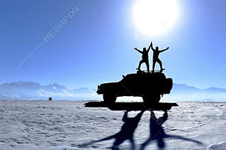 summit achievements and freedom lifestyles of people traveling in the mountains with their gigantic jeeps