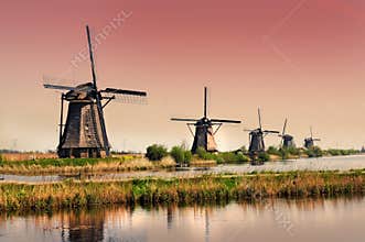 Kinderdijk windmills UNESCO Heritage side in netherlands