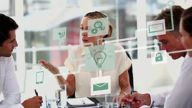 Animation of icons and data processing over diverse business people in office