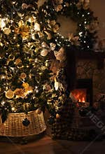 Cute little girl decorating christmas tree at home