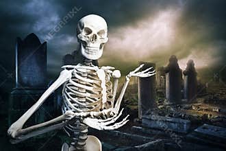 Skeleton in a graveyard welcoming you