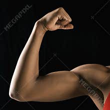Strong female bicep flexing.