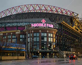 T Mobile Park baseball stadium on a wet winter morning in Seattle