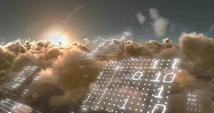 Animation of binary coding data processing against clouds and shining sun in the sky