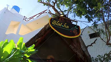 Tropical hotel resort with palm trees bamboo Holbox island Mexico