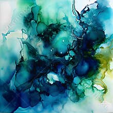 Alcohol Ink Painting with Fancy Green, Blue and Gold Water Ink Flow