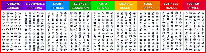 Big set icons by category: arrows, shopping, sport, science, auto, medical, food drink, business, travel and many more