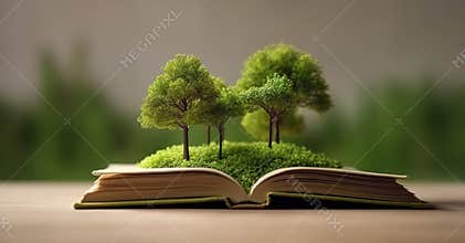 Book and tree. Abstract green trees and ground in book.