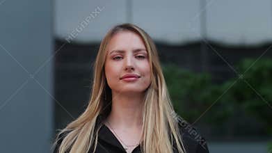 portrait beautiful business woman smiling happy entrepreneur enjoying successful startup company proud manager outdoor