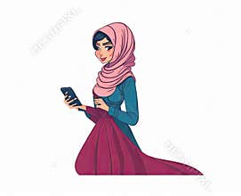 muslim woman in hijab uses a smartphone, generative Ai