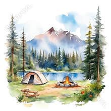 Watercolor Camping with tent and bonfire