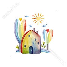 Watercolor fantasy fairy tale house with rainbow colored heart trees, herbs, sun