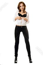 young woman in black tight jeans