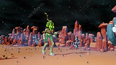 An alien with a blaster walking on the surface of an alien planet