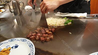 Kobe beef steak teppanyaki Japanese wagyu beef cooking and serve with bean sprout