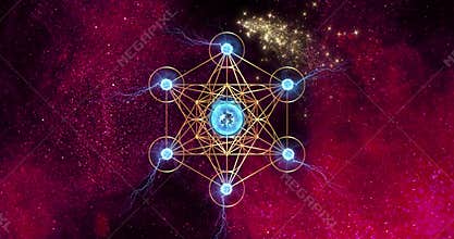 Video animation Metatron\'s Cube, Flower of Life. Golden Sacred geometry, special effects technology purple galaxy