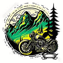 Motorbike parked in the mountains. Summer and holiday camping in the mountains. isolated background, vector illustration, label,