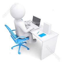 3d white man working at a laptop. On the table in a white box