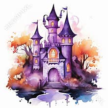 Banner for Halloween, horror concept. Watercolor illustration with a sinister castle and ghosts in a cartoon style