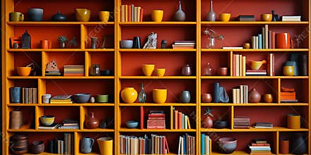 yellow and red wooden bookcase filled with books Zoom Virtual Background