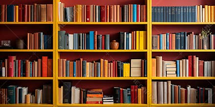 yellow and red wooden bookcase filled with books Zoom Virtual Background