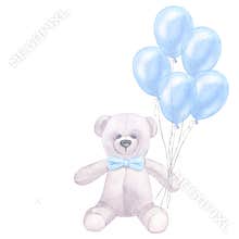 Watercolor postcard blue balloons and teddy bear, bow. Boy's birthday. Hand drawn illustration isolated white