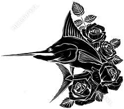 black silhouette of sword fish with roses