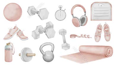 Women's Fitness equipment Set. Hand drawn watercolor illustration of Sports fit ball and yoga mat on isolated