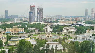 Moscow, Russia - 08.08.2023 -Areal view of Exhibition of Achievements of National Economy site, known as VDNKH. City