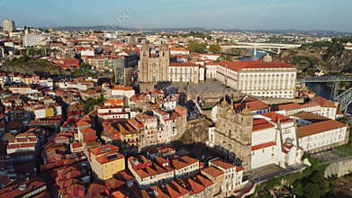 The Old City Of Porto In Portugal, Europe, 4K Aerial Skyline Drone View, Sunset. 20 august 2023