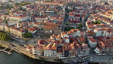 The Old City Of Porto In Portugal, Europe, 4K Aerial Skyline Drone View, Sunset. 20 august 2023