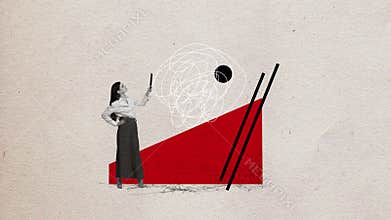 Stop motion, animation. Happy project manager creating business plan, ideas over light background with red abstract