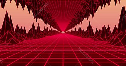 Animation of diminishing perspective of grid road moving amidst mountains