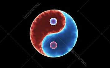 Yin Yang neon light symbol in blue and orange colors rotating on a black background.