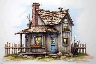 Saltbox Style House (Cartoon Colored Pencil)