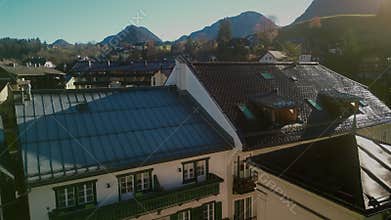 Bad Aussee, Austria - November 12, 2022: Aerial view of the Antique Traditional Building in small town on the Mountains