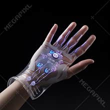 Human hand in augment reality glove with futuristic interface. Generative AI