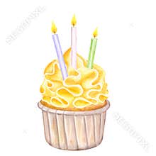 Watercolor cupcake, orange whipped cream. Decorated with three burning candles, happy birthday. Food clipart. Hand drawn