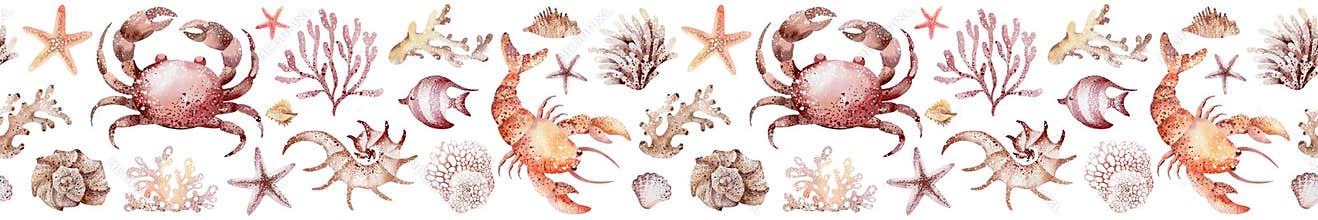 Marine seamless border. Watercolor animals crab
