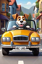 Cute happy dog riding car having fun