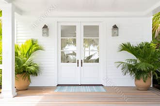 central door of a coastal colonial house, a classic white setup
