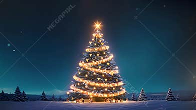 Christmas tree shining with stars, garlands and baubles in the evening snowy backyard. Generated AI